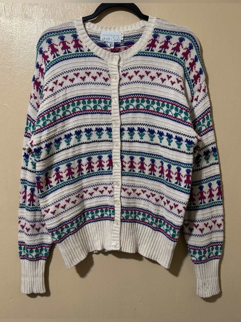 Vintage 80s funky paperdoll and floral patterned cardigan sweater